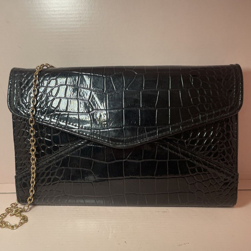 ALDO BLACK MEDIUM SHOULDER Handbag BAG WITH CROC EMBOSSED Patent DESIGN Clutch